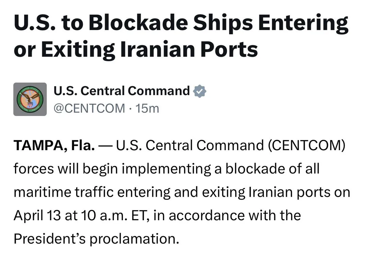 US Military To Blockade Iranian Ports Starting April 13